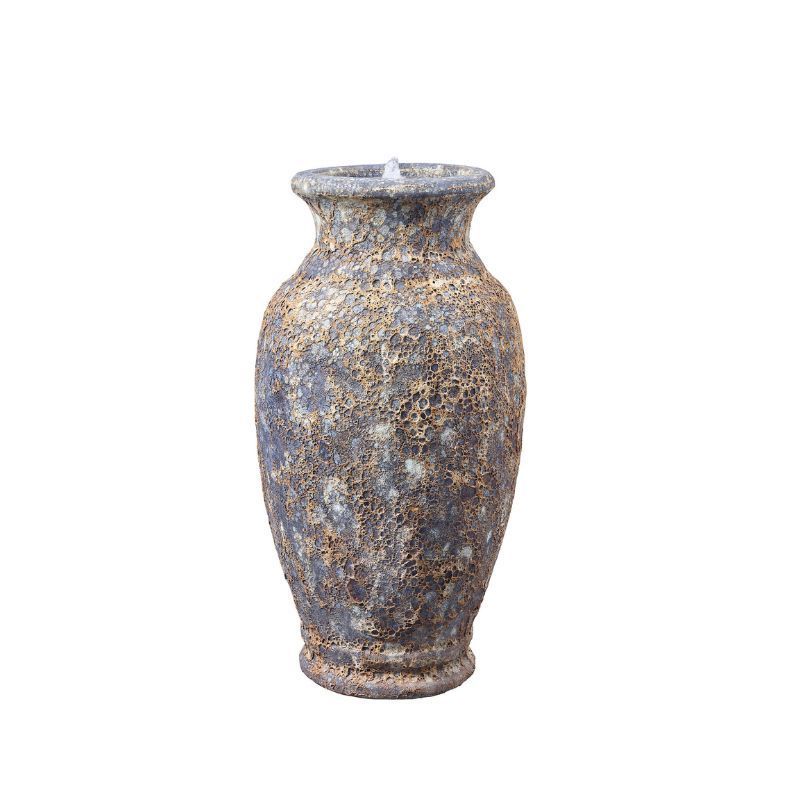Stone vase fountain with textured, speckled blue and gold finish, water spraying from the top.
