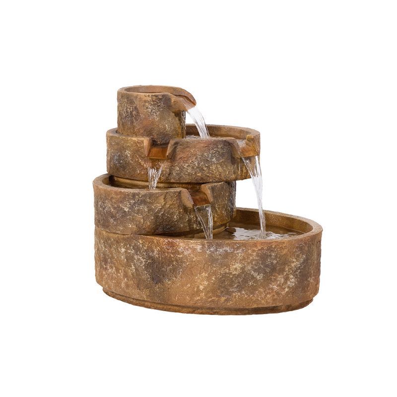 Tiered stone fountain with water cascading from top to bottom.