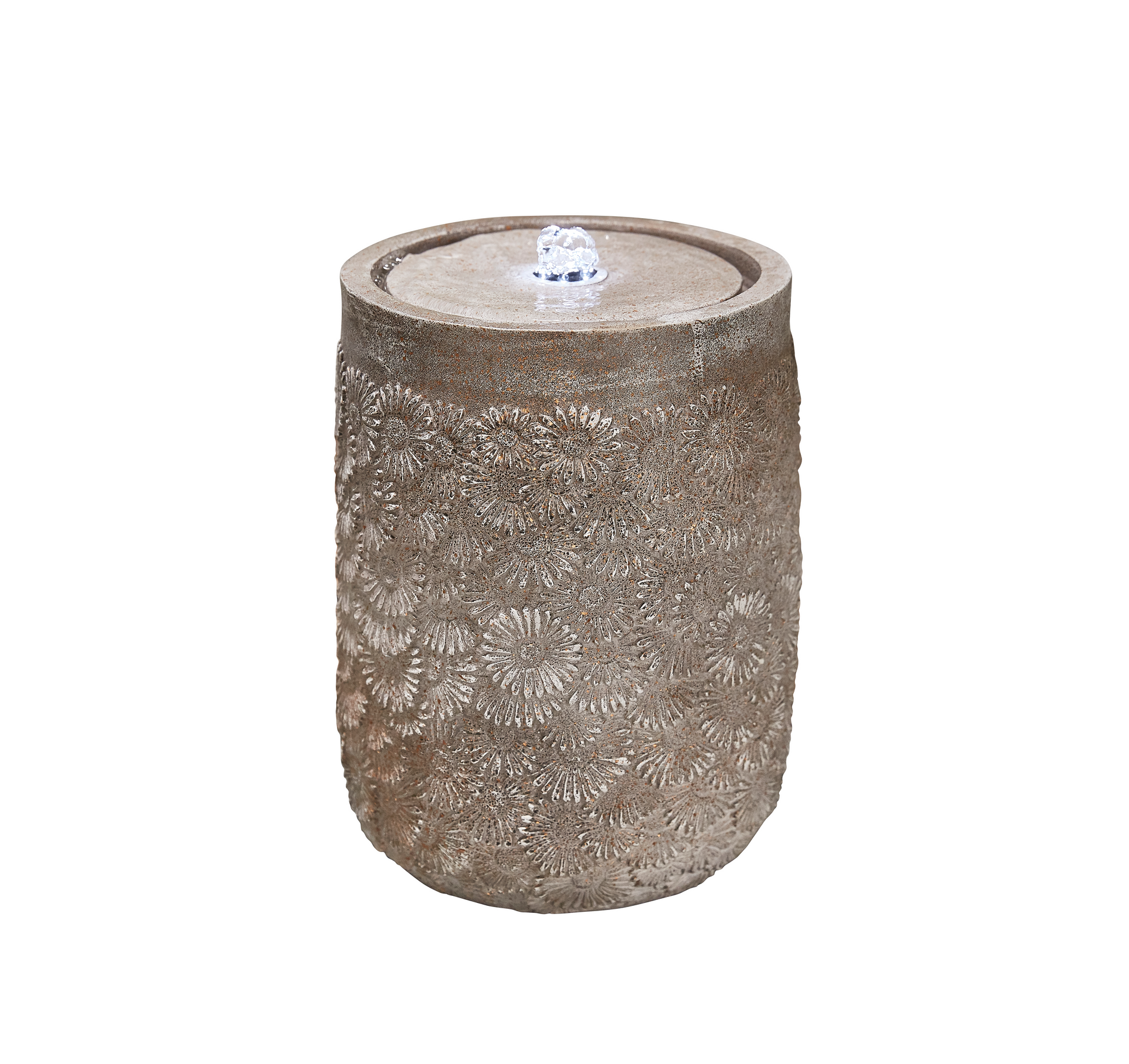 A decorative water fountain with a stone-like exterior and a blue globe at the top.