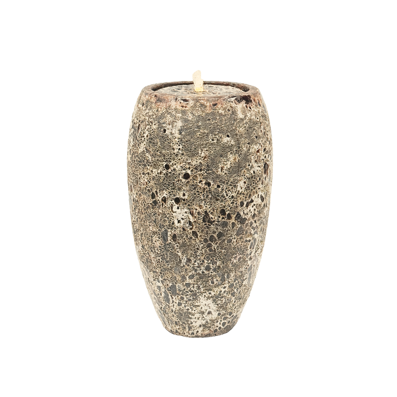 Brown and beige speckled ceramic vase with a glowing flame on top.
