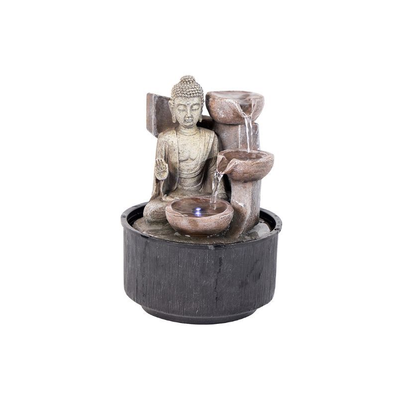 Buddha water fountain with tiered bowls and a light, set on a dark stone-look base.