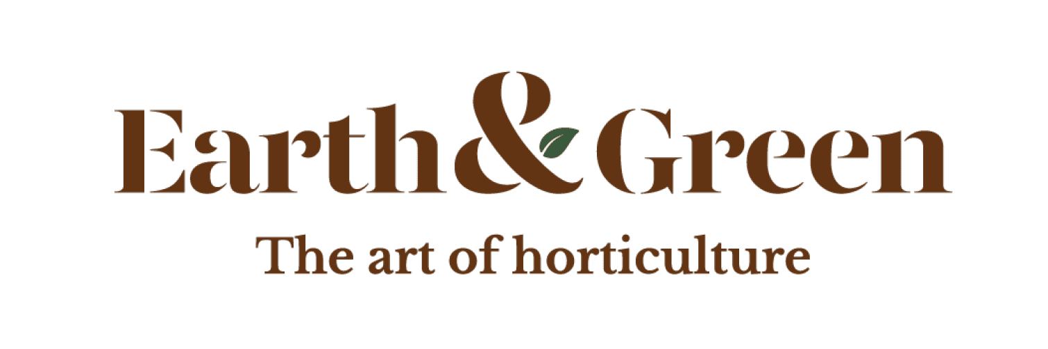 Earth & Green logo with brown text and a small green leaf. 