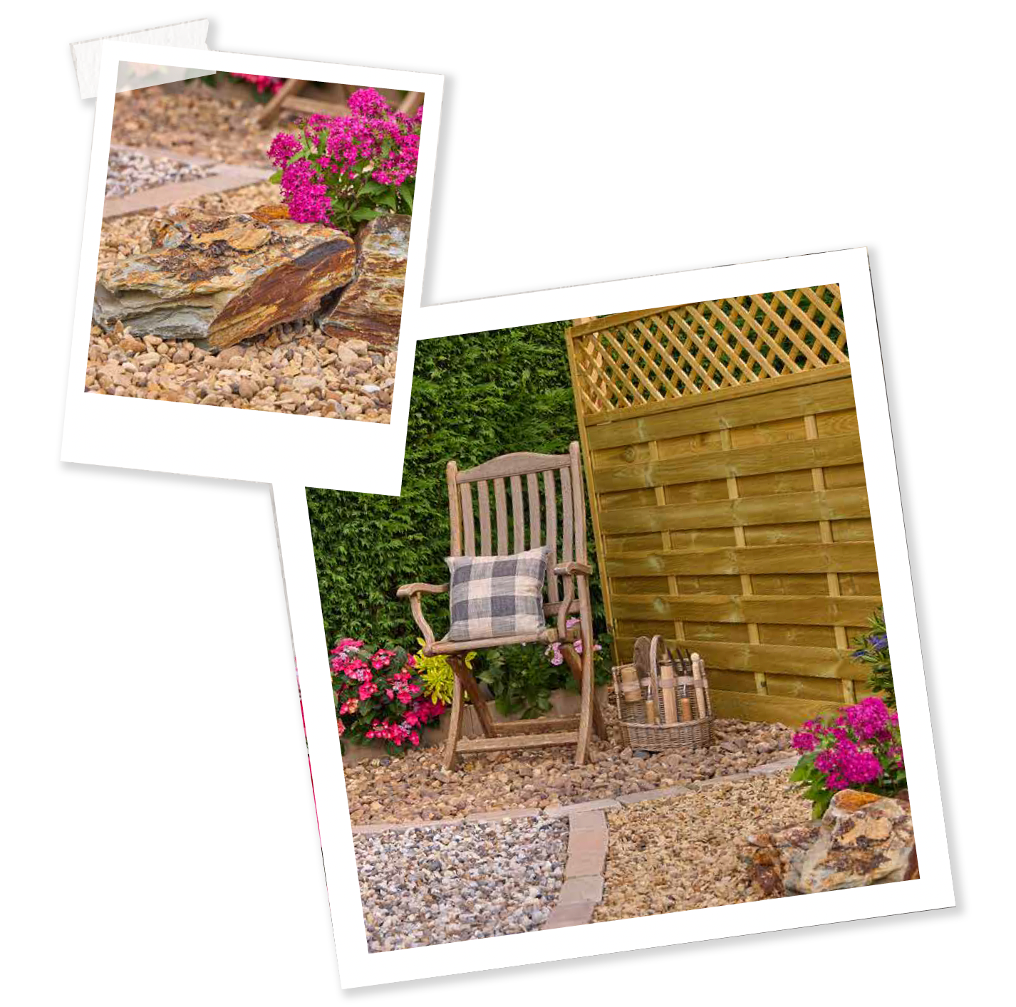Two polaroid-style photos: A garden scene with a chair and flowers, and a close-up of a stone pathway and plants.