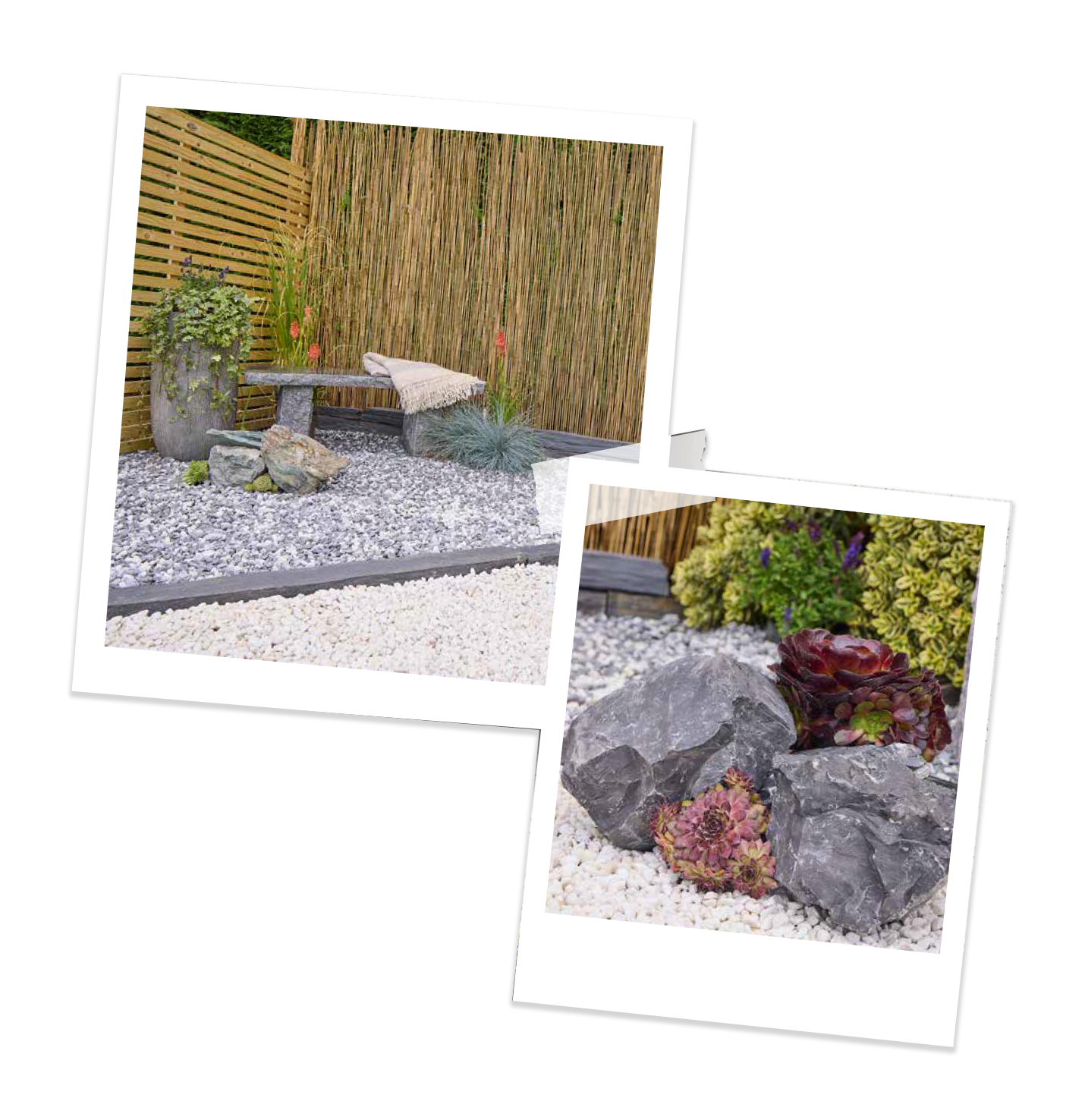 Two polaroid-style photos of a zen garden with rocks, gravel, and bamboo fencing. One with a stone bench.