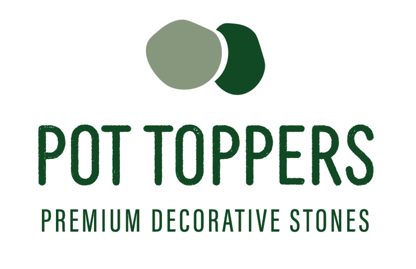 Logo for Pot Toppers: Two overlapping stones, green and gray, above text 