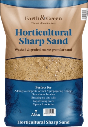 Bag of Earth & Green horticultural sharp sand with text about uses, brown sand.