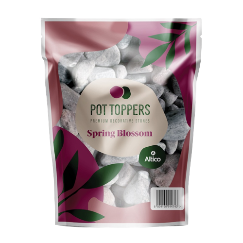 Bag of decorative white stones labeled 