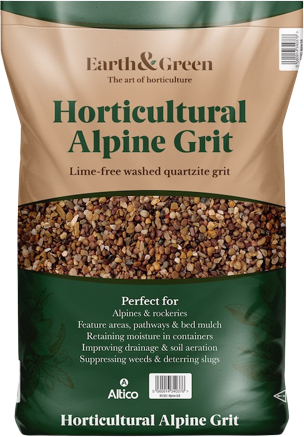 Bag of Earth & Green horticultural alpine grit, with dark green and brown text and a view of the grit.