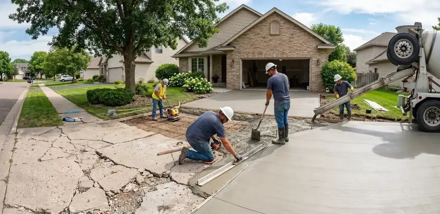 Workers repairing a cracked driveway beside a suburban house with a cement truck nearby