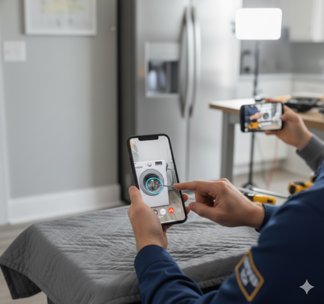 Person using a phone with AR to diagnose a washing machine. Tools and lighting setup in a kitchen.