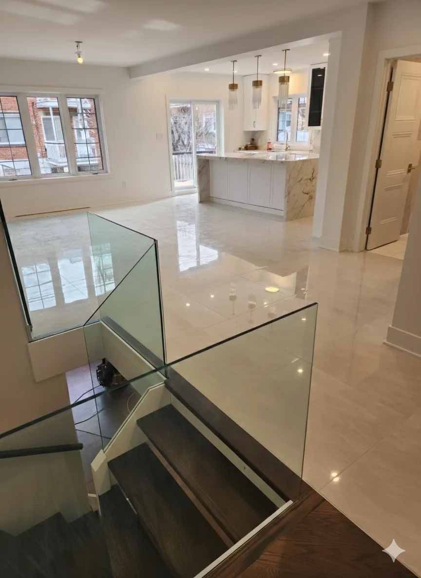 Un escalier avec une rampe en verre mène à une cuisine ouverte sur le salon, avec des murs blancs et un sol en marbre.