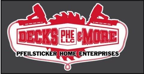 Logo for Decks PHE & More LLC with red tools, saw blade, and text on a gray background.