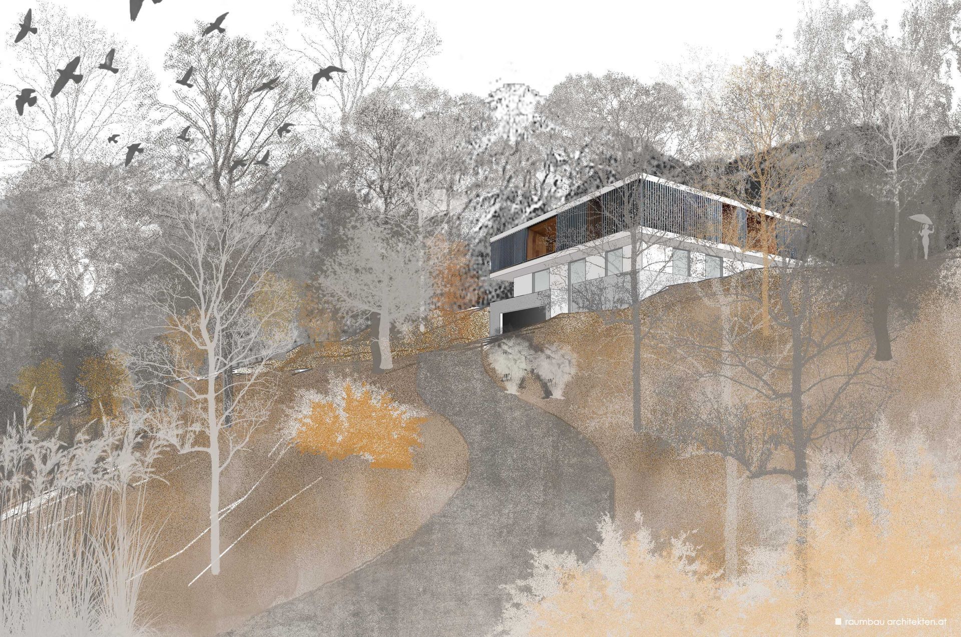 Ein Haus steht auf einem Hügel inmitten eines Waldes, umgeben von Bäumen.