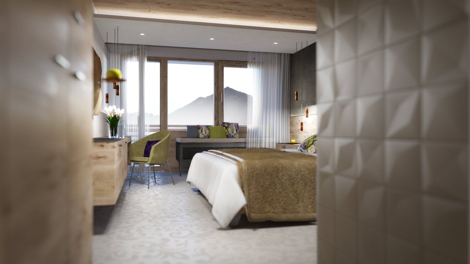 Eine künstlerische Darstellung eines Hotelzimmers mit einem großen Bett