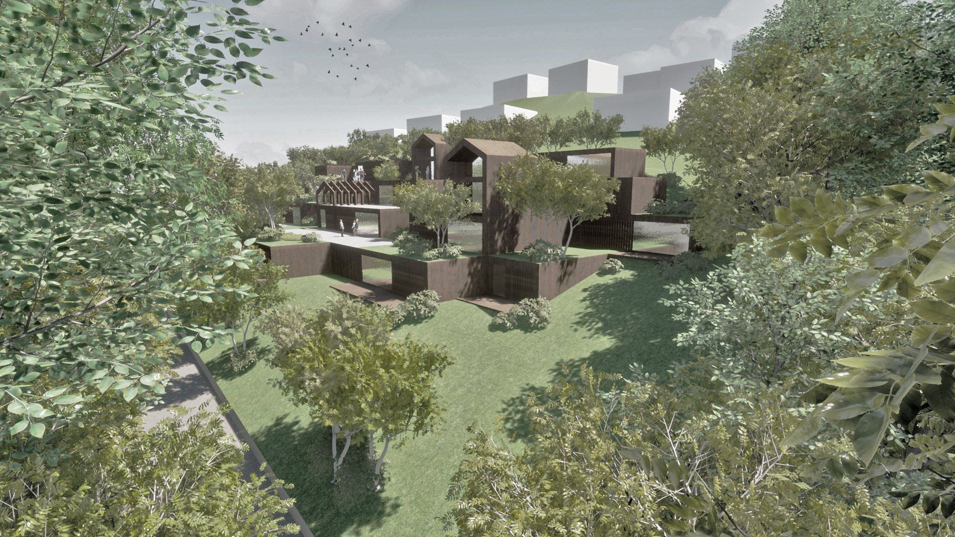 Eine künstlerische Darstellung eines von Bäumen umgebenen Hauses