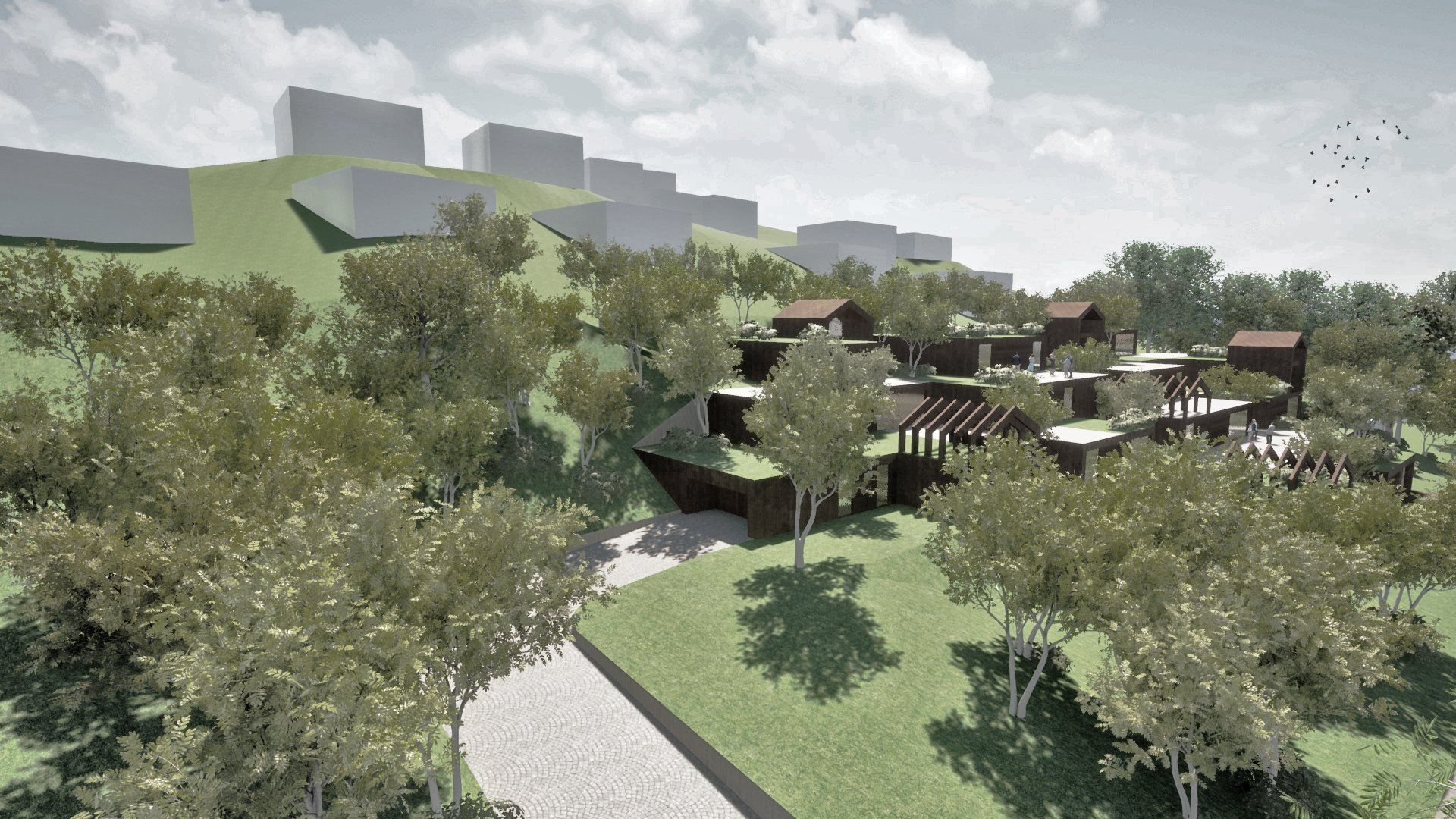 Eine Luftaufnahme eines Wohngebiets mit Bäumen und Gebäuden