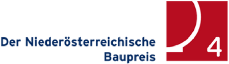 A red and white logo for der niederosterreichische baupreis