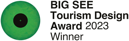 Gewinnerlogo des Big See Tourism Design Award 2023 mit grünem Auge