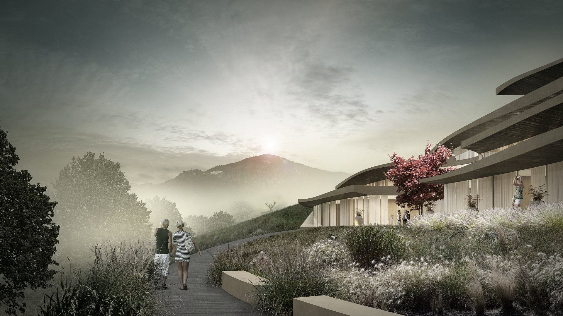 Eine künstlerische Darstellung eines Gebäudes mit Menschen, die davor gehen