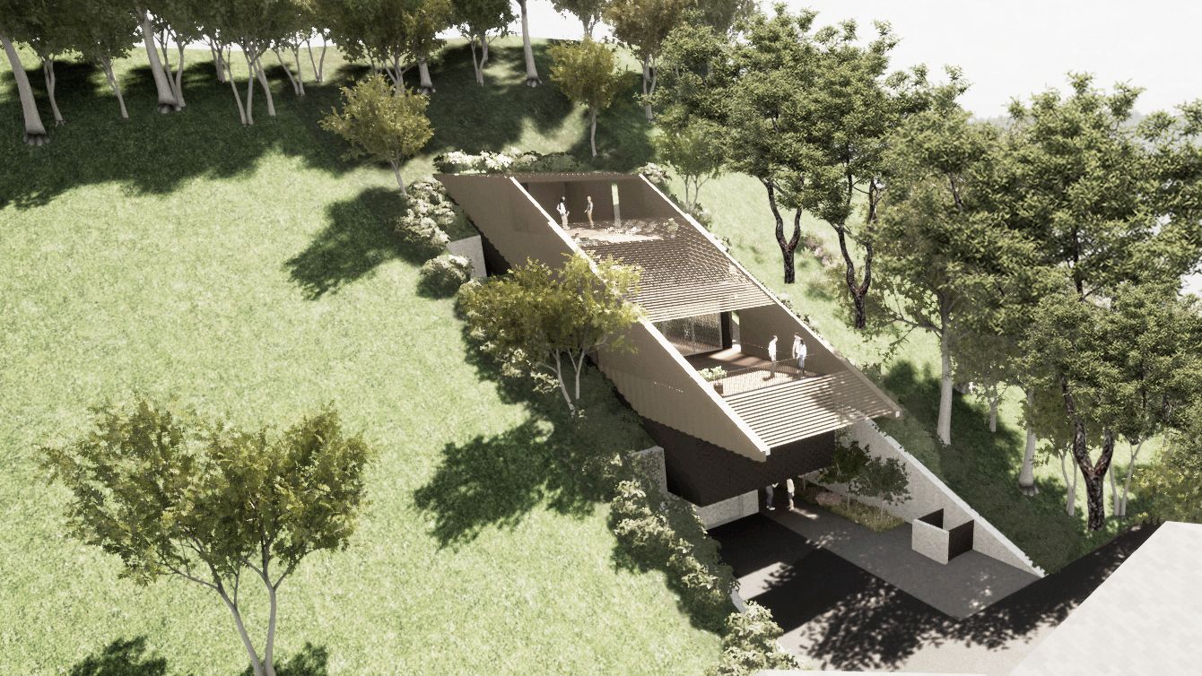 Eine Luftaufnahme eines von Bäumen umgebenen Hauses