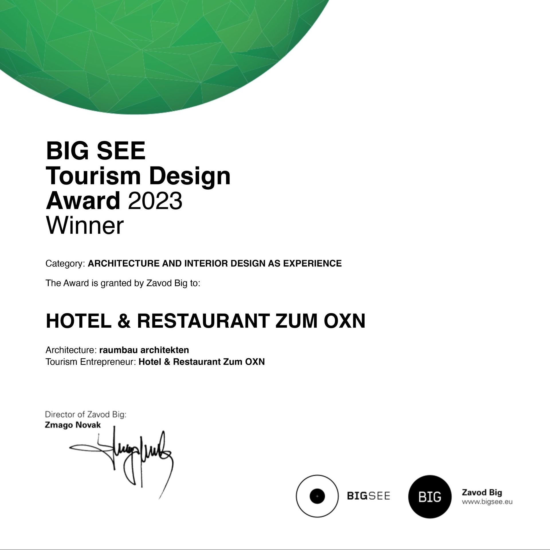 Big see tourismus design award 2023 gewinner hotel & restaurant zum oxn
