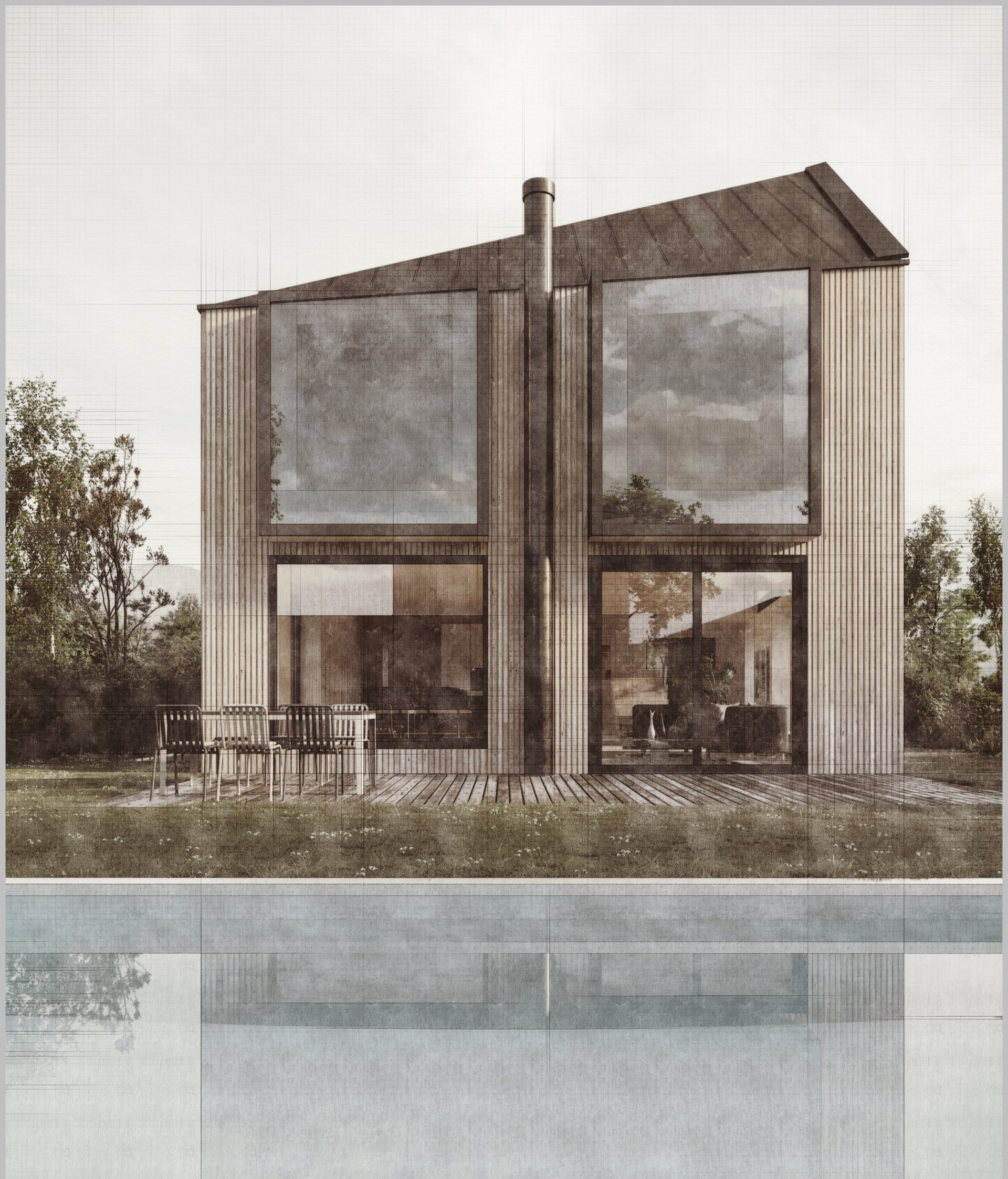 Eine Zeichnung eines Hauses mit einem Pool davor