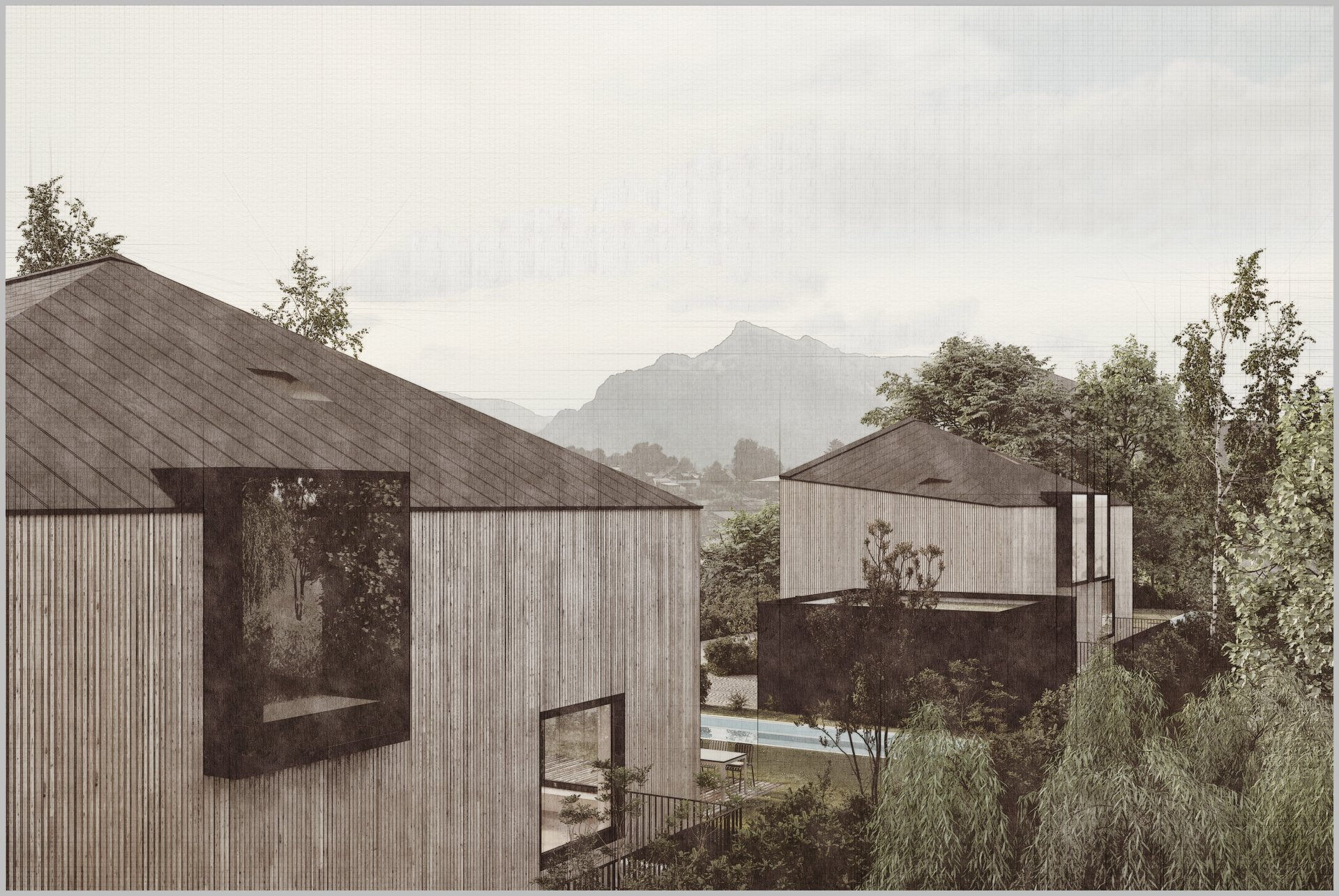 Ein Schwarzweißfoto eines Hauses mit einem Berg im Hintergrund