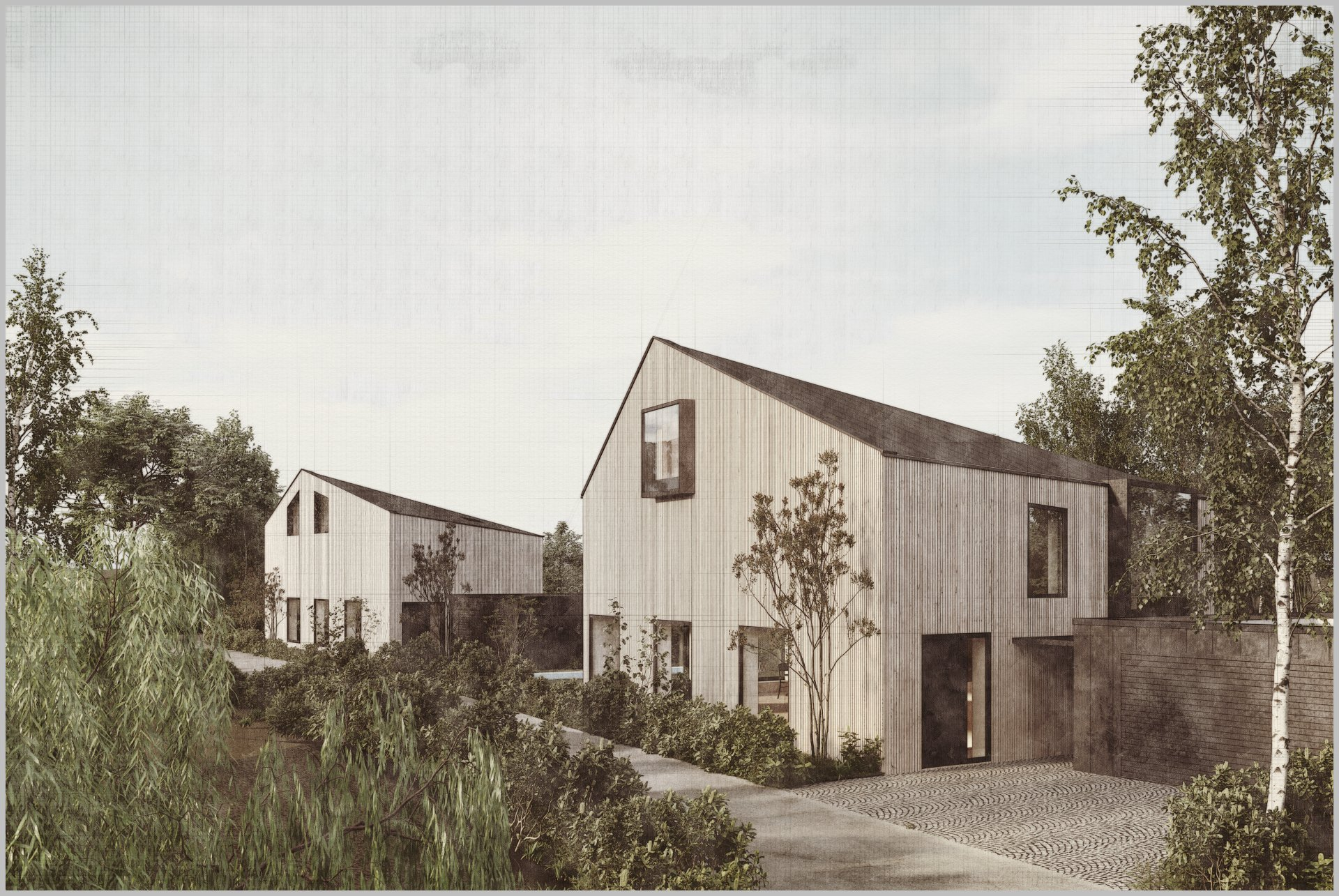 Eine künstlerische Darstellung eines Holzhauses mit Bäumen im Hintergrund