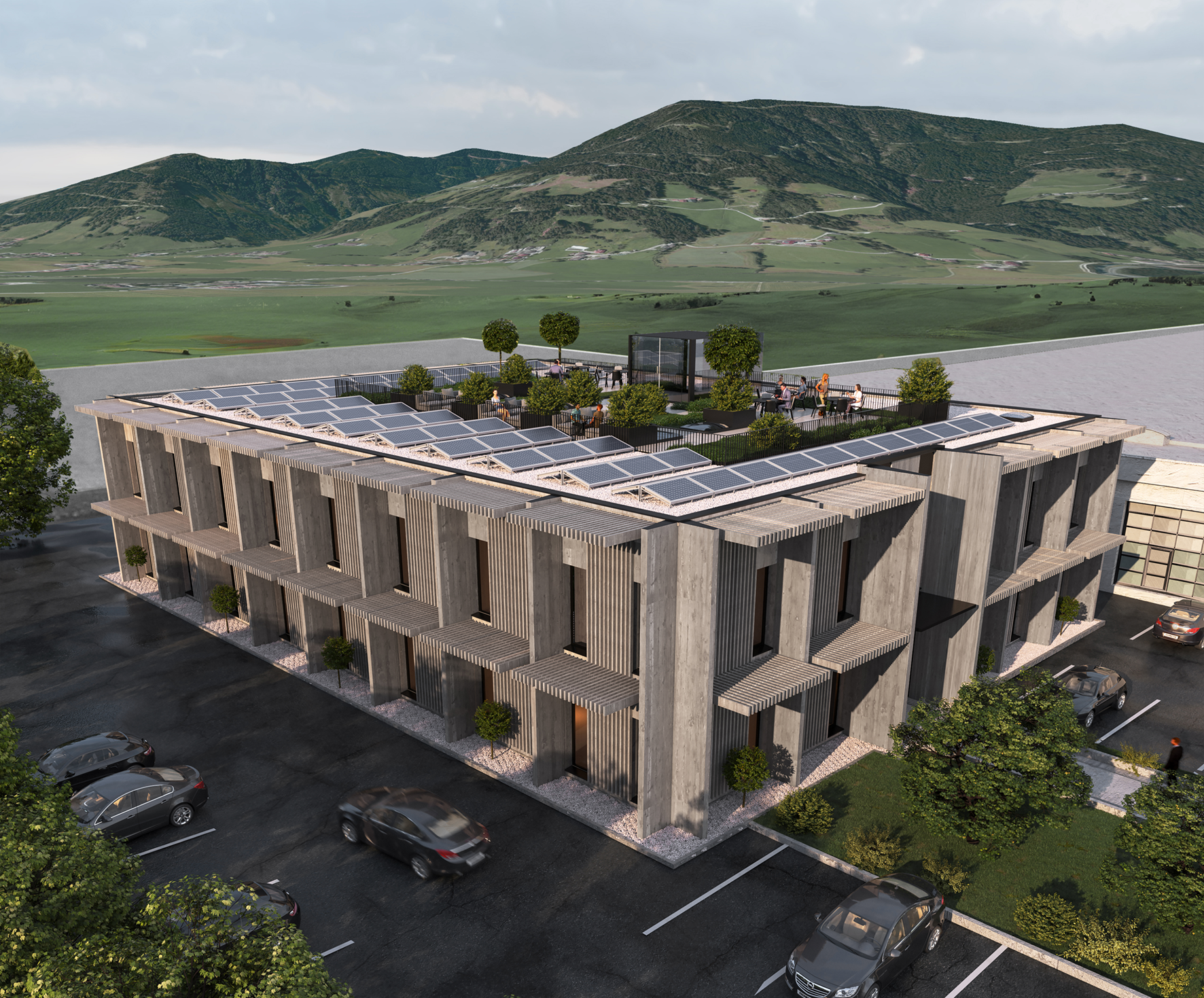 Eine Luftaufnahme eines Gebäudes mit Sonnenkollektoren auf dem Dach