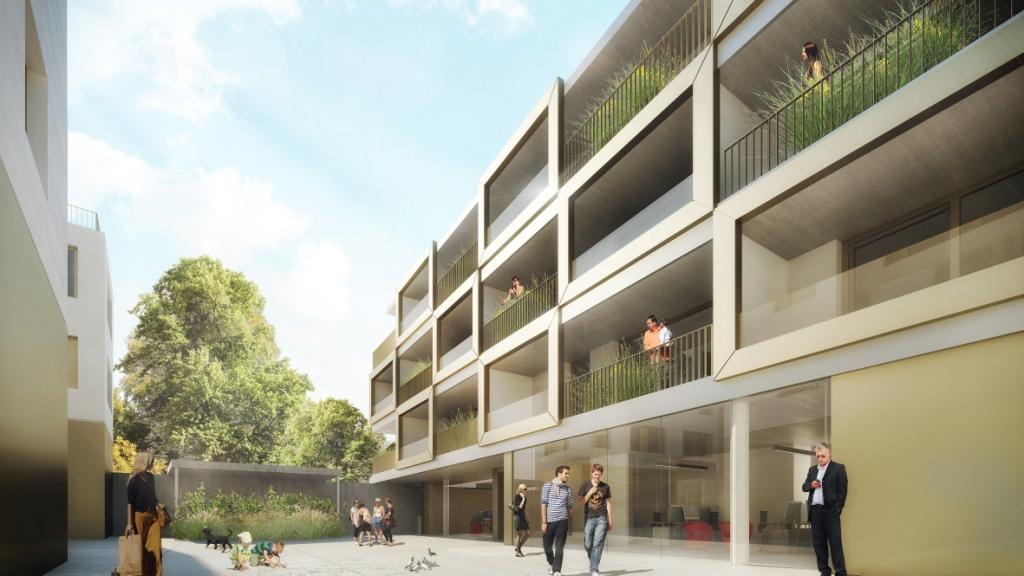 Eine künstlerische Darstellung eines Gebäudes mit Balkonen