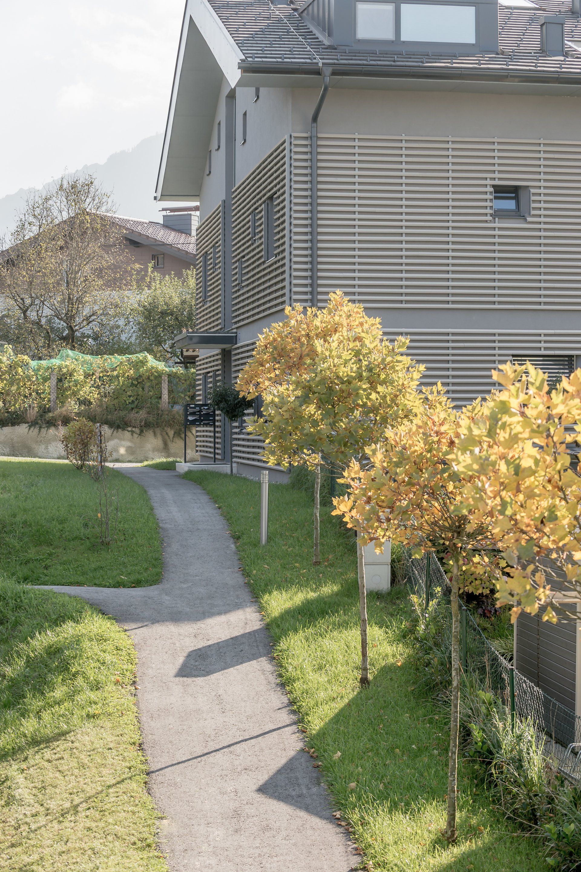 Ein Weg, der zu einem Haus mit Bäumen davor führt