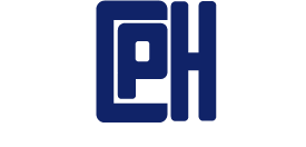 Um logotipo CPH azul em um fundo branco.