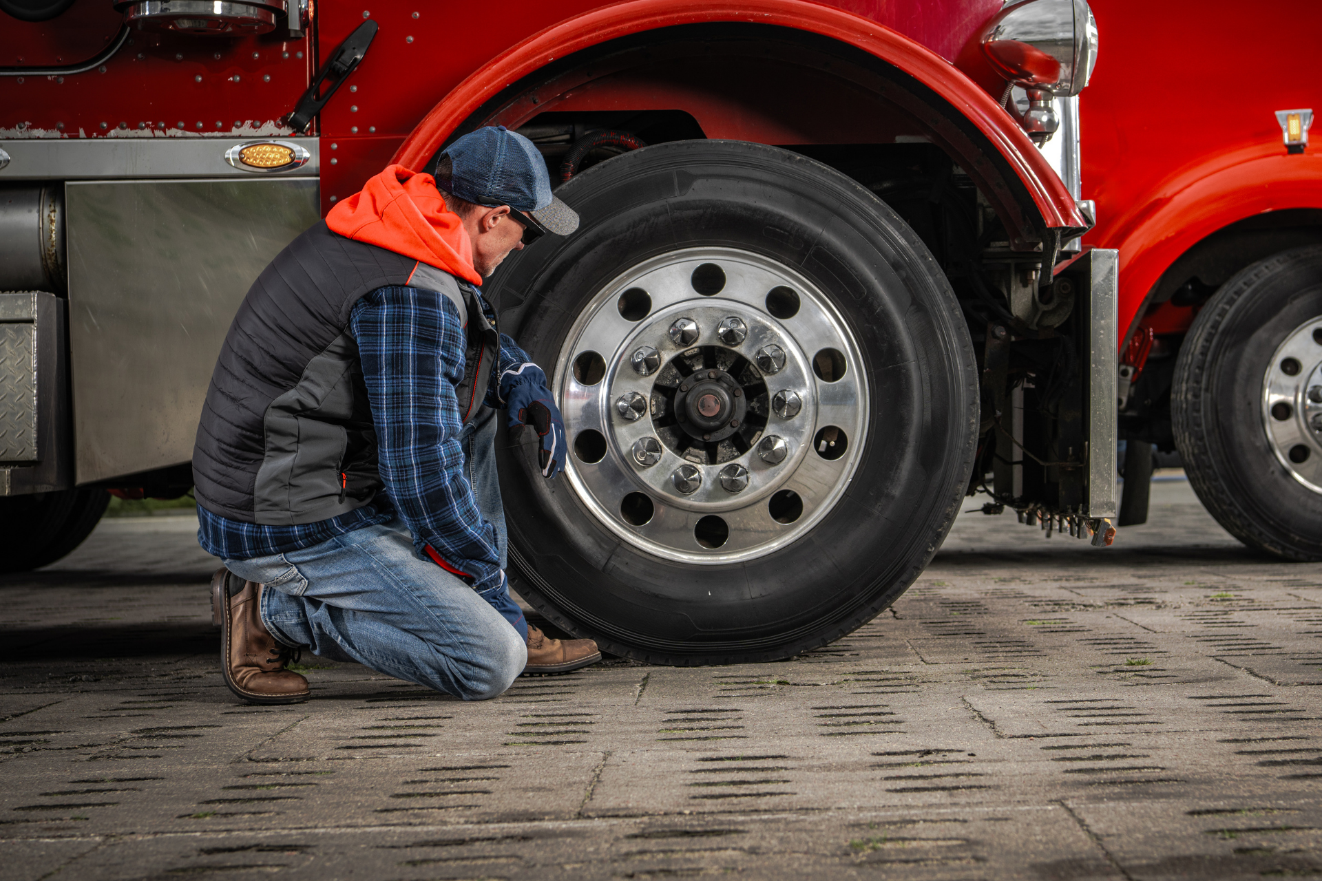 Person kneeling, inspecting truck tire. Red truck. Gray paving.