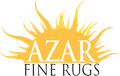 A logo for azar fine rugs with a sun in the center