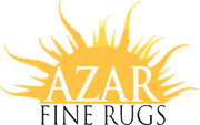 A logo for azar fine rugs with a sun in the center