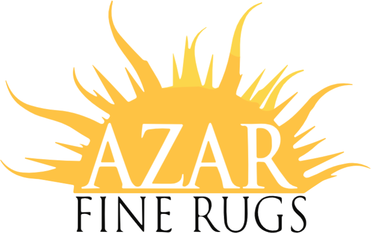 A logo for azar fine rugs with a sun in the center