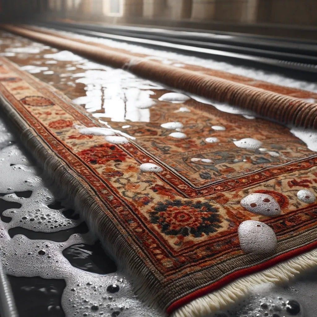 A rug being cleaned in a shallow pool of soapy water. Brown, red, and beige colors are visible on the rug.