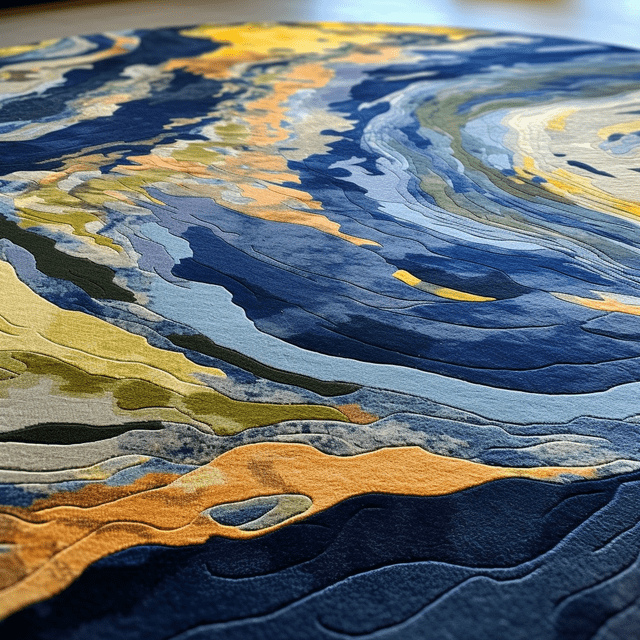 Abstract rug with swirling blue, yellow, and orange patterns resembling a landscape.