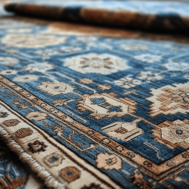 Close-up of a blue and beige patterned rug with a rolled-up portion in the background.