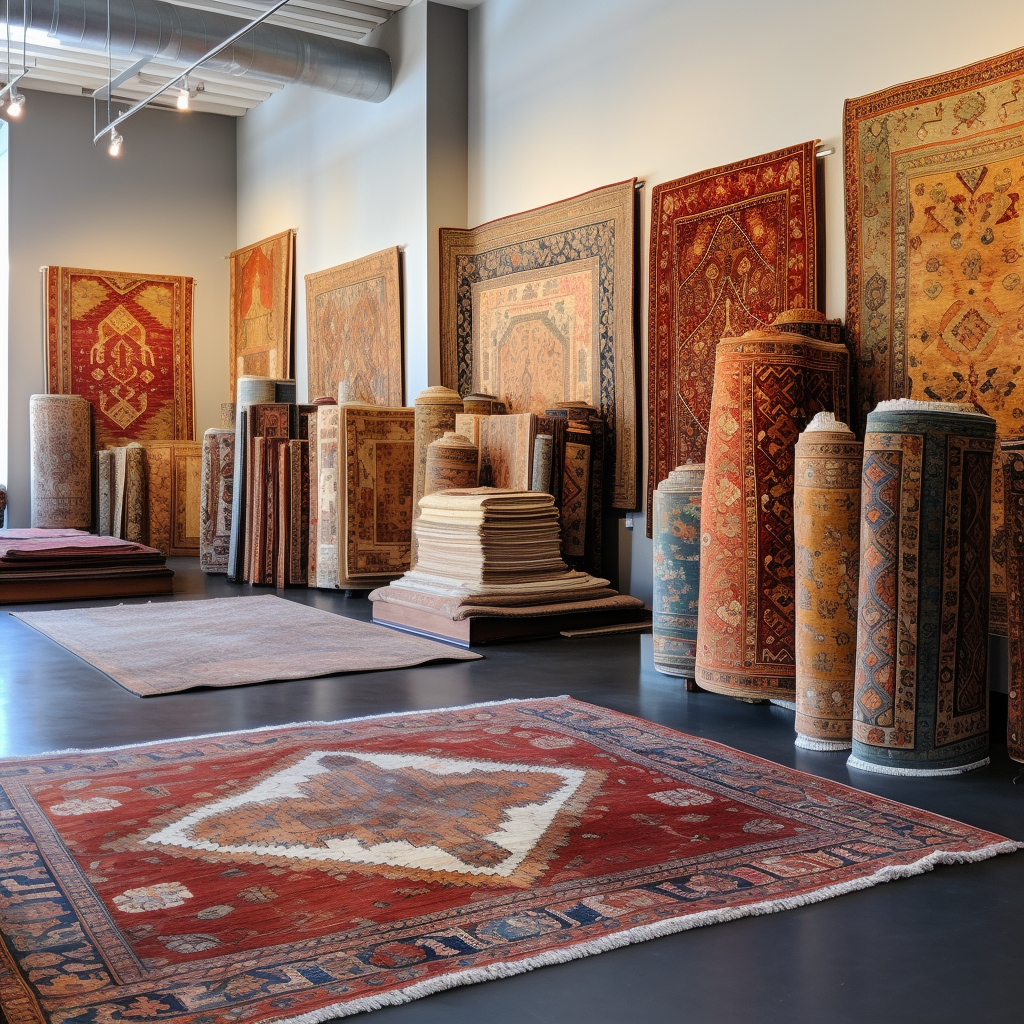 A room filled with rolled and displayed oriental rugs in various colors and sizes.