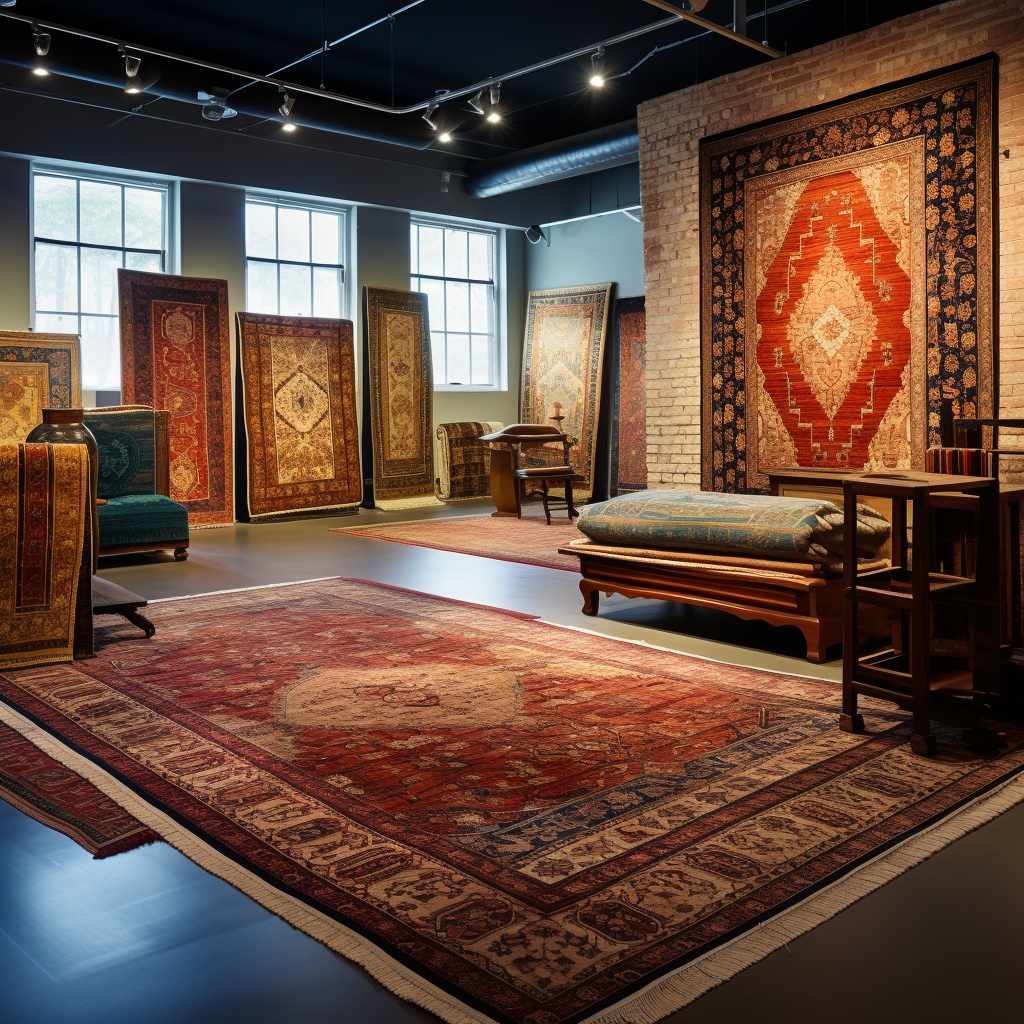 An antique rug store displays various colorful rugs on the floor and walls, lit by ceiling spotlights.