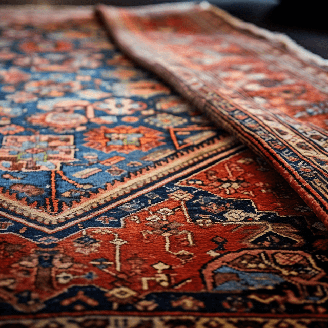 An antique, ornate rug with blue and red patterns is partially folded over.