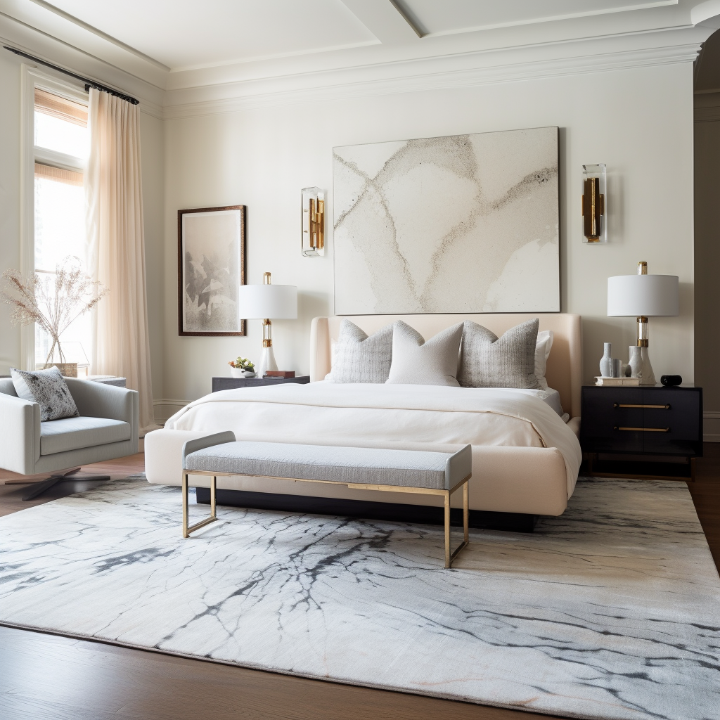 Elegant beige bedroom with large abstract art, plush rug, and accent lighting.