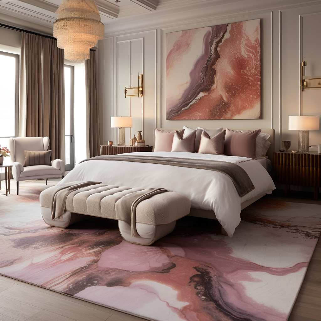 Elegant bedroom with a large bed, art, pink rug, and neutral colors.
