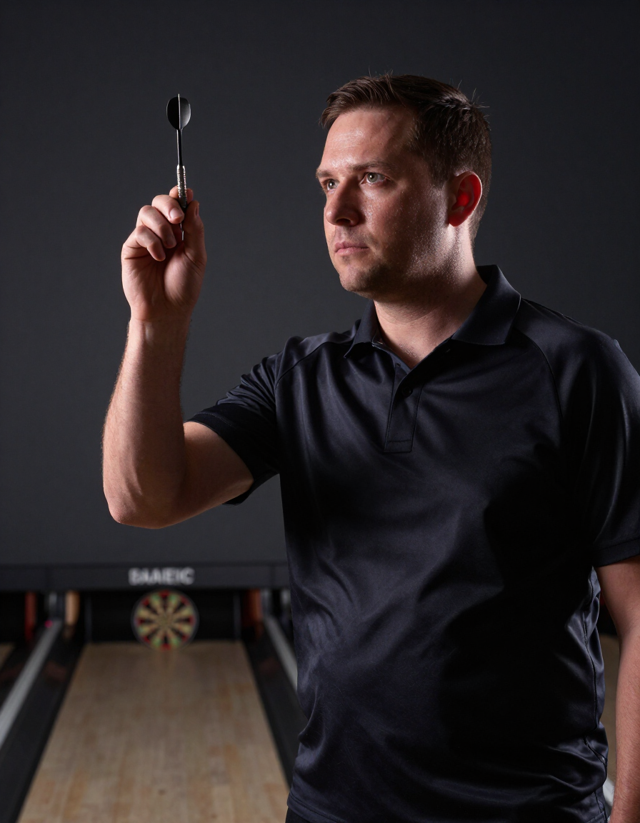 Focused darts player at the oche during a structured training session