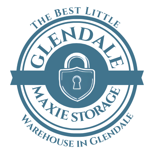 Logo: Glendale Maxie Storage. Teal circle with white text, a padlock icon in the center.