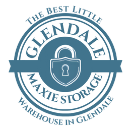 Logo: Glendale Maxie Storage. Teal circle with white text, a padlock icon in the center.