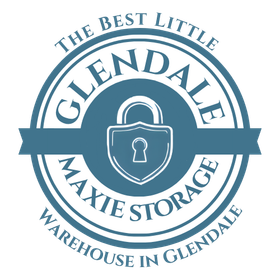 Logo: Glendale Maxie Storage. Teal circle with white text, a padlock icon in the center.