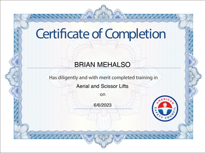 A certificate of completion for brian mehalso has been completed