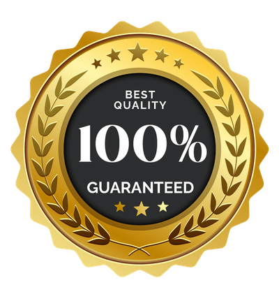 A gold badge that says best quality 100 % guaranteed